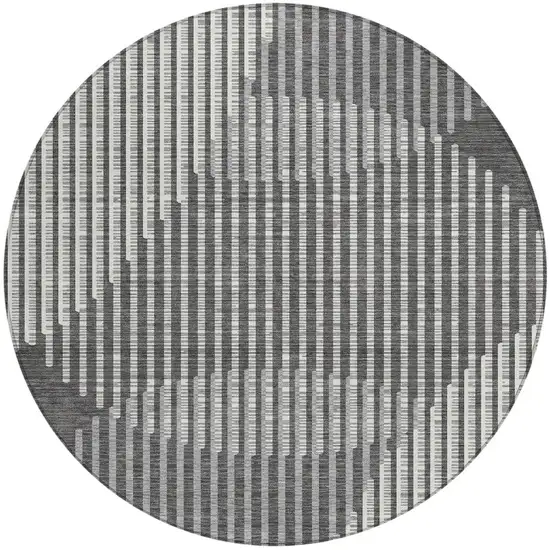 8' Charcoal And Ivory Round Geometric Washable Indoor Outdoor Area Rug Photo 4