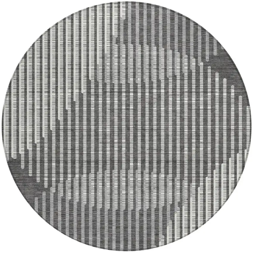 8' Charcoal And Ivory Round Geometric Washable Indoor Outdoor Area Rug Photo 4