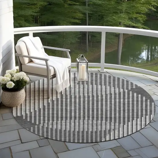 8' Charcoal And Ivory Round Geometric Washable Indoor Outdoor Area Rug Photo 7