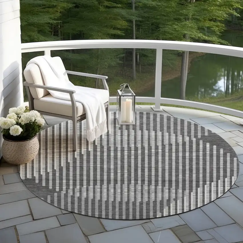 8' Charcoal And Ivory Round Geometric Washable Indoor Outdoor Area Rug Photo 7