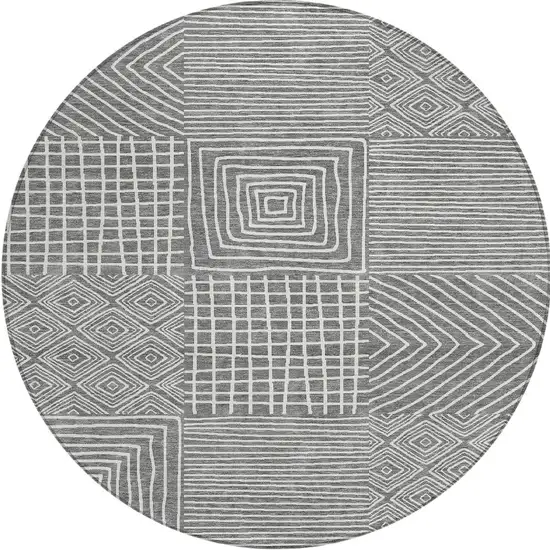 8' Charcoal And Ivory Round Geometric Washable Indoor Outdoor Area Rug Photo 7