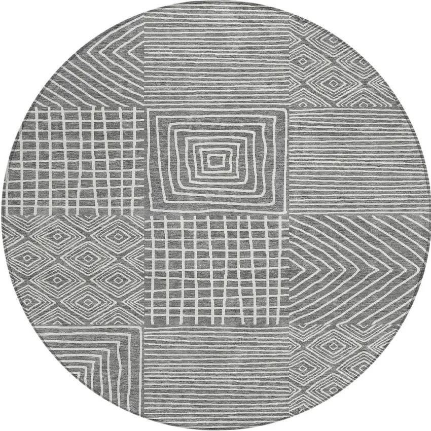 8' Charcoal And Ivory Round Geometric Washable Indoor Outdoor Area Rug Photo 7
