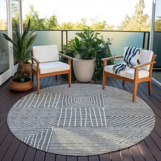 8' Charcoal And Ivory Round Geometric Washable Indoor Outdoor Area Rug Photo 8