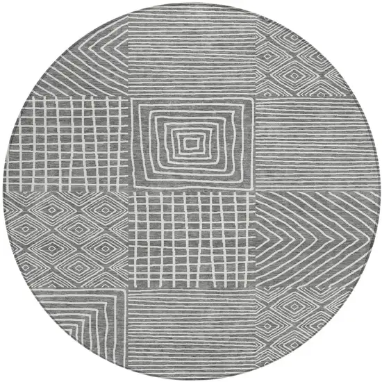 8' Charcoal And Ivory Round Geometric Washable Indoor Outdoor Area Rug Photo 2