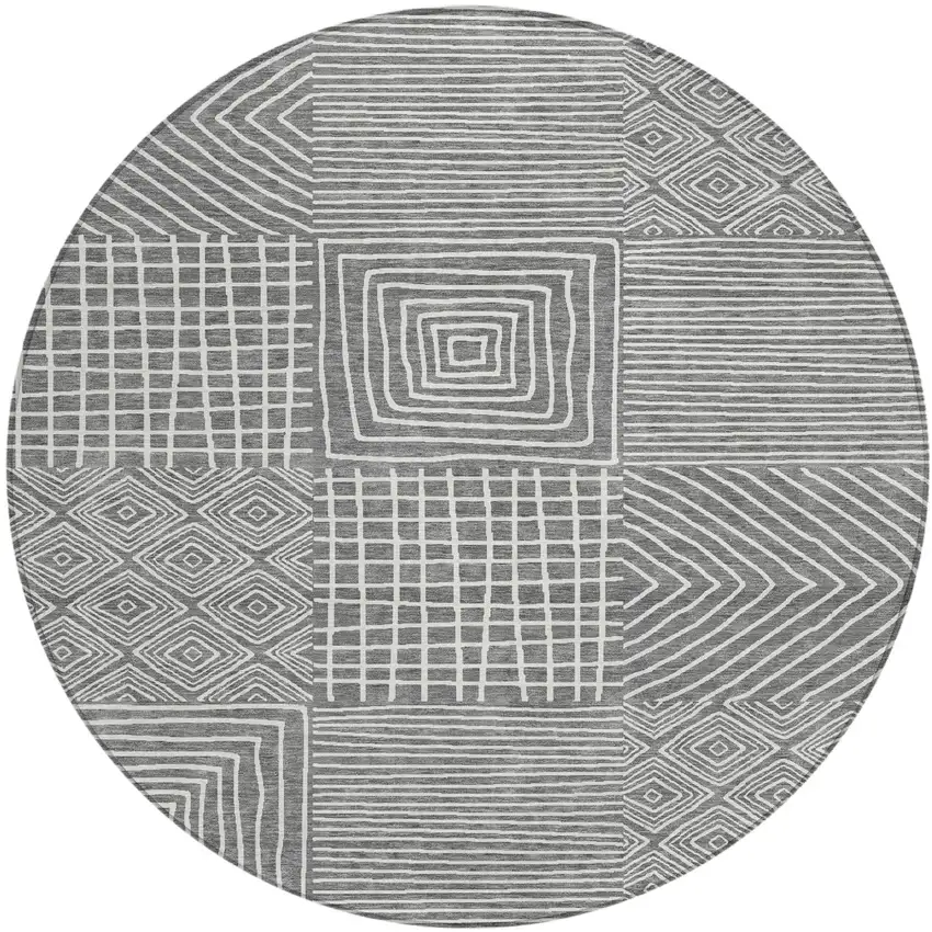 8' Charcoal And Ivory Round Geometric Washable Indoor Outdoor Area Rug Photo 2