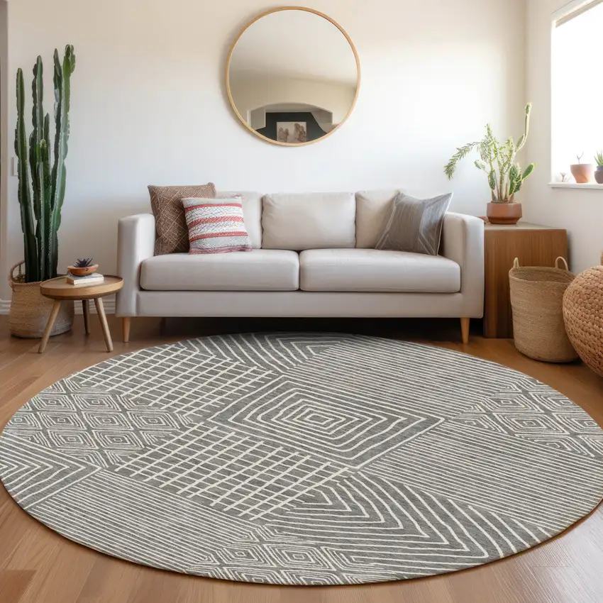 8' Charcoal And Ivory Round Geometric Washable Indoor Outdoor Area Rug Photo 9