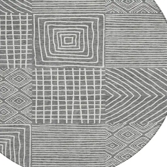 8' Charcoal And Ivory Round Geometric Washable Indoor Outdoor Area Rug Photo 6