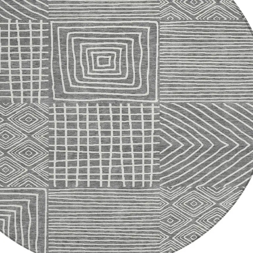 8' Charcoal And Ivory Round Geometric Washable Indoor Outdoor Area Rug Photo 6