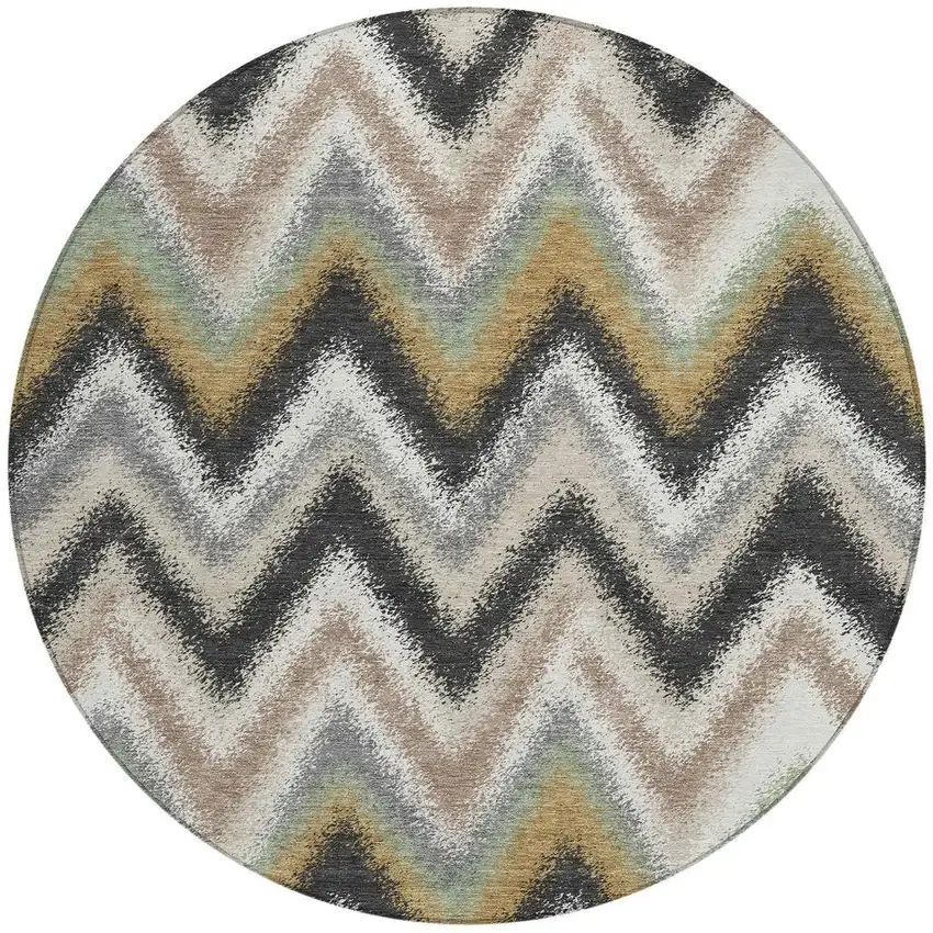 8' Charcoal And Ivory Round Geometric Washable Indoor Outdoor Area Rug Photo 3