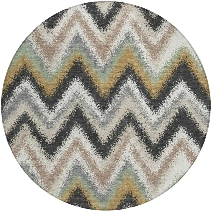 8' Charcoal And Ivory Round Geometric Washable Indoor Outdoor Area Rug Photo 1