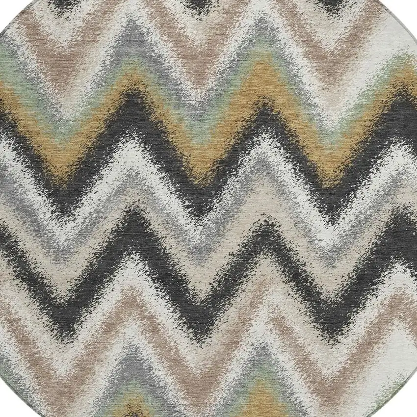 8' Charcoal And Ivory Round Geometric Washable Indoor Outdoor Area Rug Photo 2