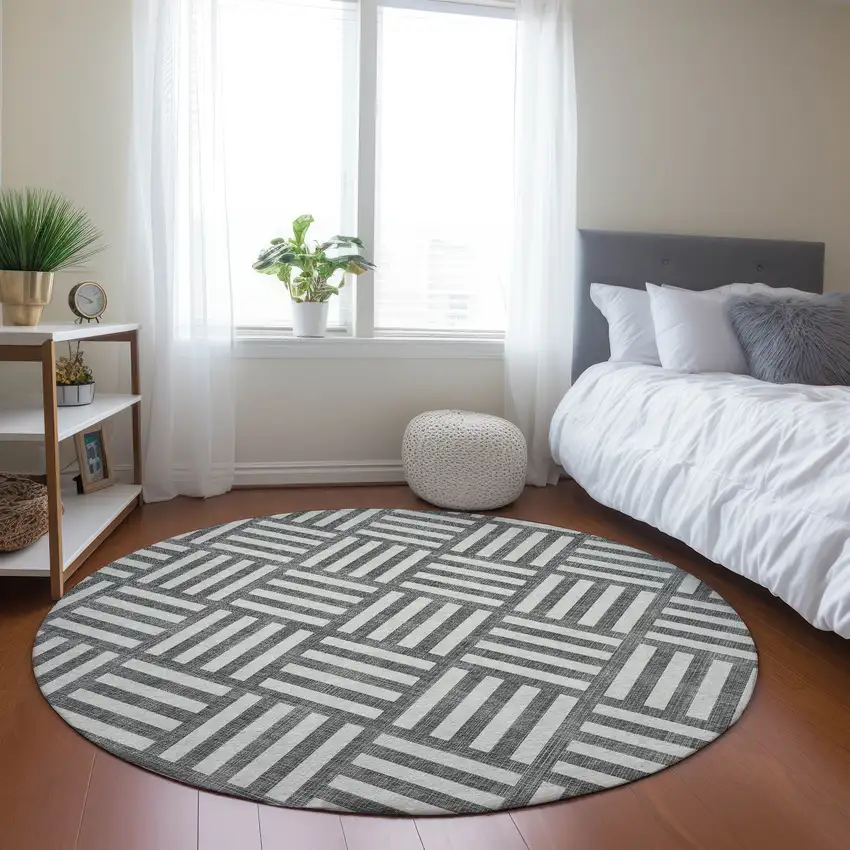8' Charcoal And Ivory Round Geometric Washable Indoor Outdoor Area Rug Photo 7