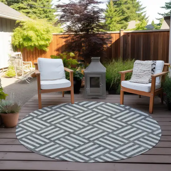 8' Charcoal And Ivory Round Geometric Washable Indoor Outdoor Area Rug Photo 6