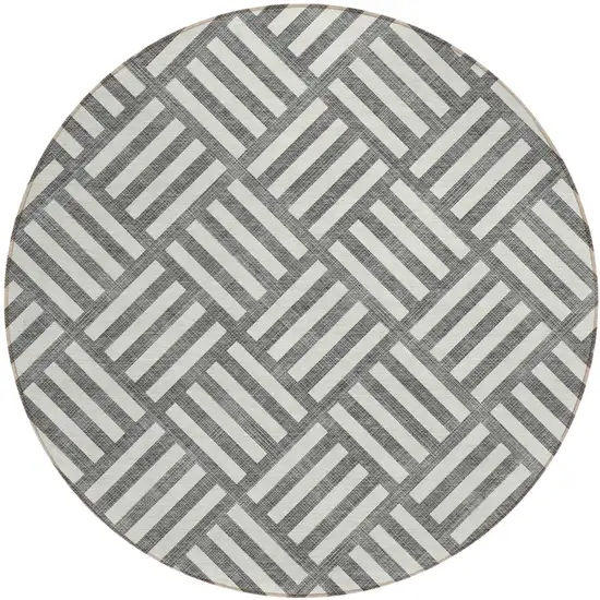 8' Charcoal And Ivory Round Geometric Washable Indoor Outdoor Area Rug Photo 2