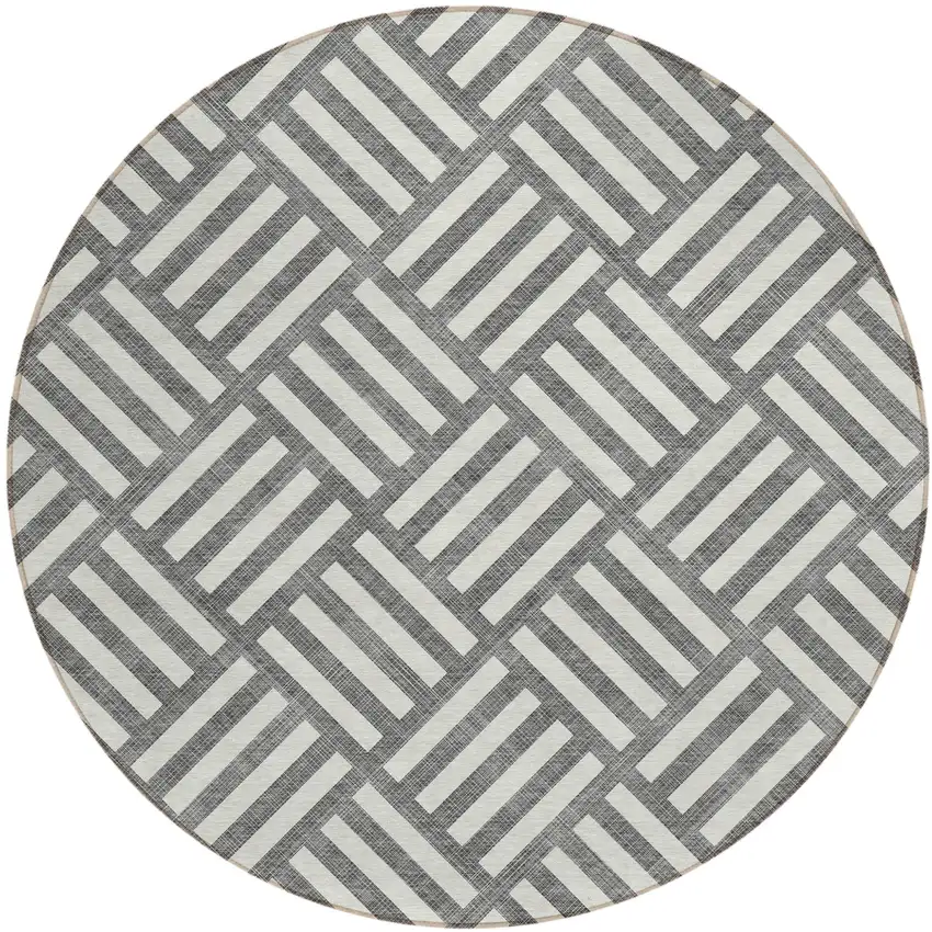 8' Charcoal And Ivory Round Geometric Washable Indoor Outdoor Area Rug Photo 2