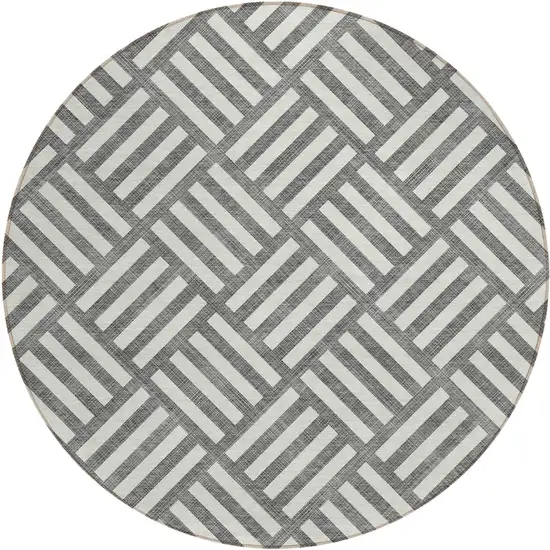 8' Charcoal And Ivory Round Geometric Washable Indoor Outdoor Area Rug Photo 2