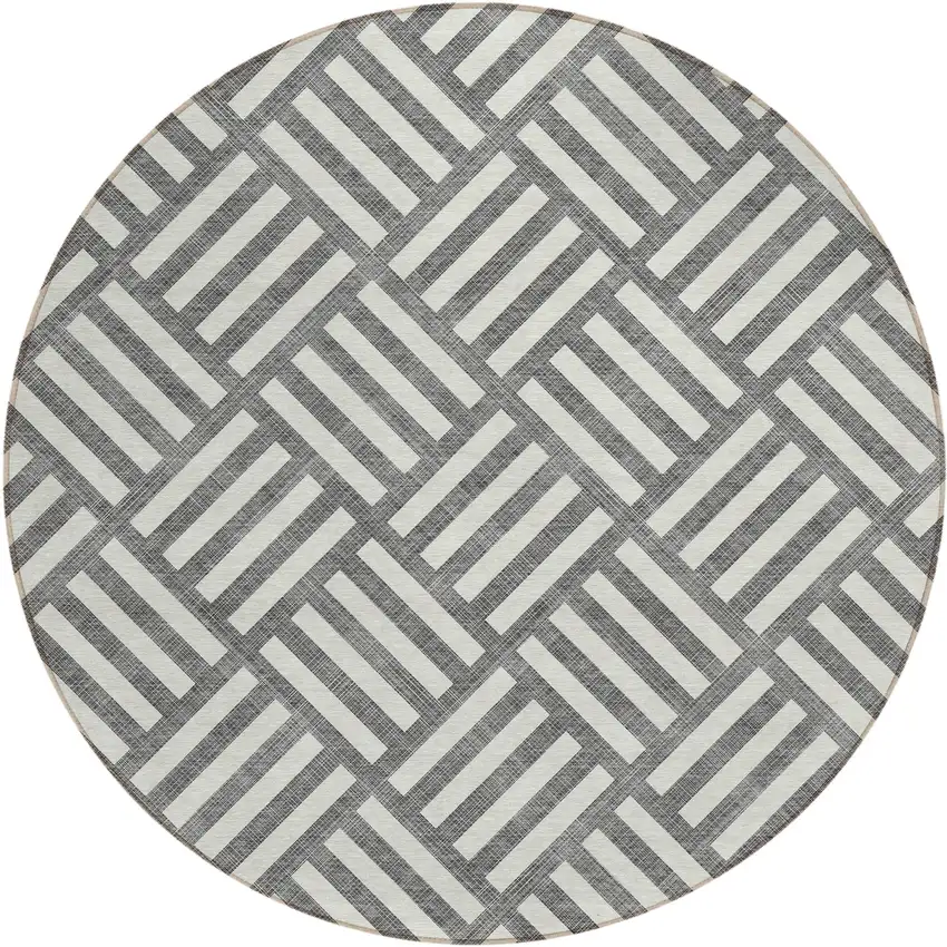 8' Charcoal And Ivory Round Geometric Washable Indoor Outdoor Area Rug Photo 2