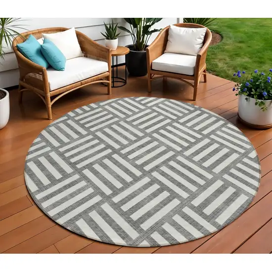 8' Charcoal And Ivory Round Geometric Washable Indoor Outdoor Area Rug Photo 1