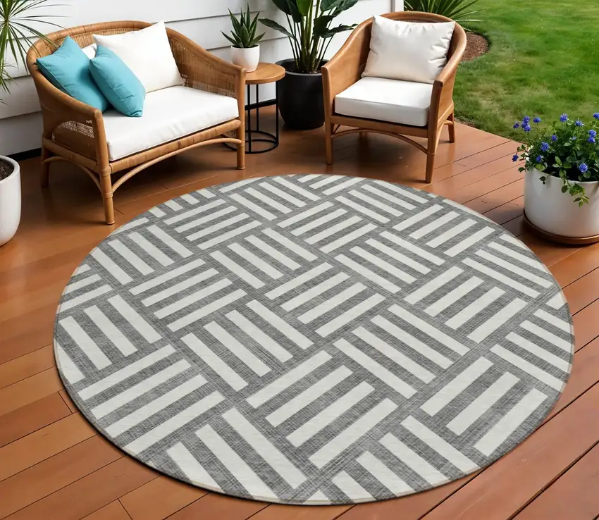 8' Charcoal And Ivory Round Geometric Washable Indoor Outdoor Area Rug Photo 1