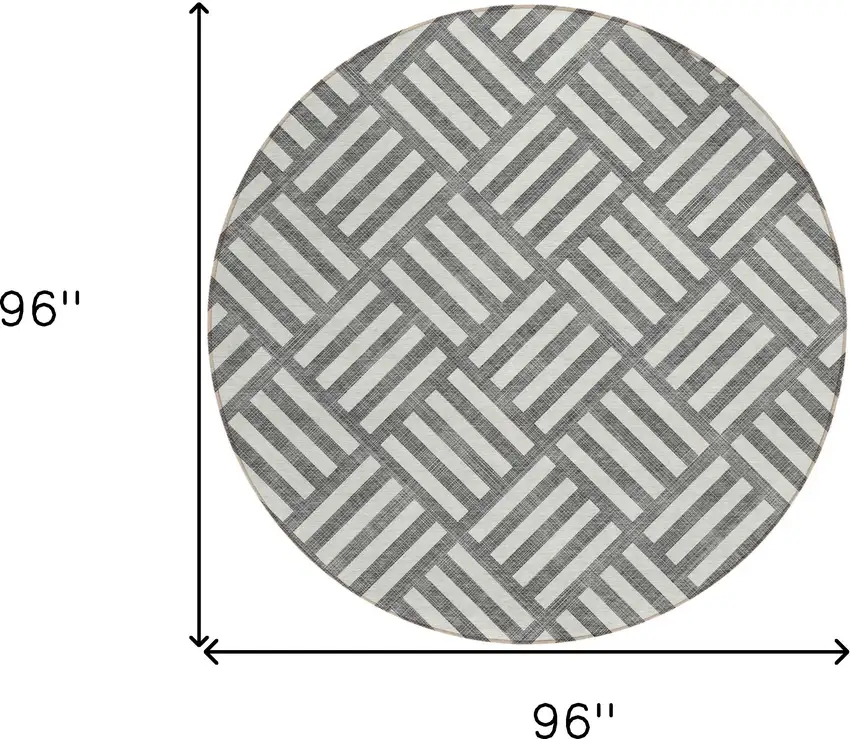 8' Charcoal And Ivory Round Geometric Washable Indoor Outdoor Area Rug Photo 3