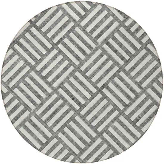 8' Charcoal And Ivory Round Geometric Washable Indoor Outdoor Area Rug Photo 5