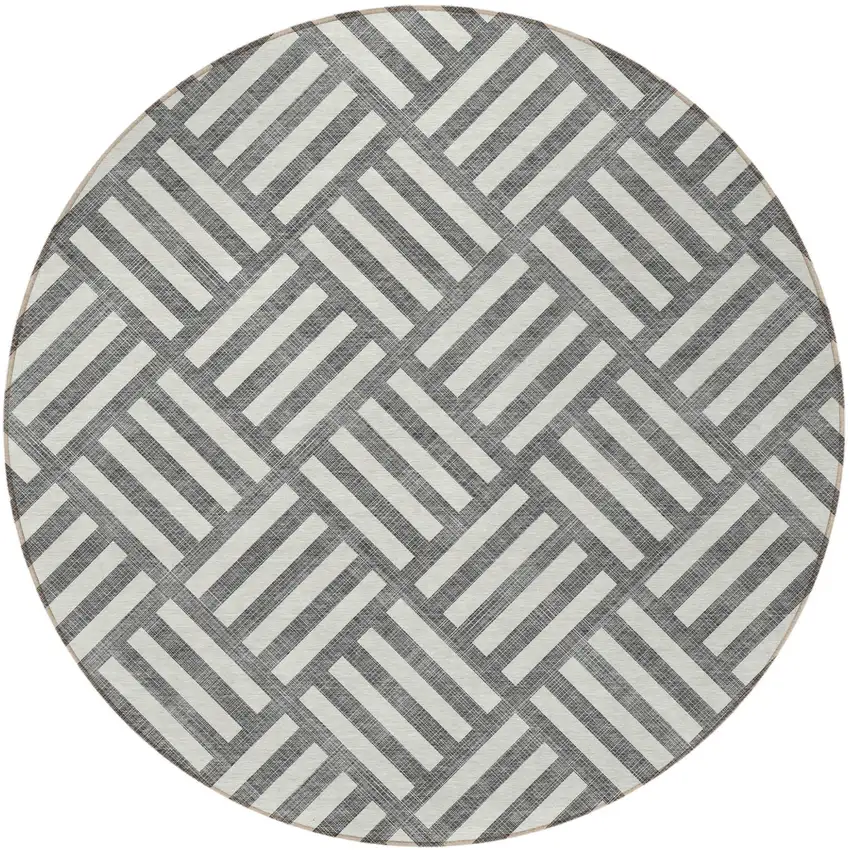 8' Charcoal And Ivory Round Geometric Washable Indoor Outdoor Area Rug Photo 5