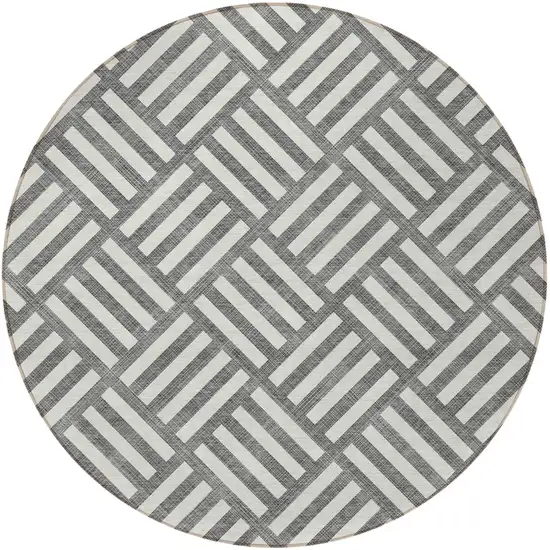 8' Charcoal And Ivory Round Geometric Washable Indoor Outdoor Area Rug Photo 5