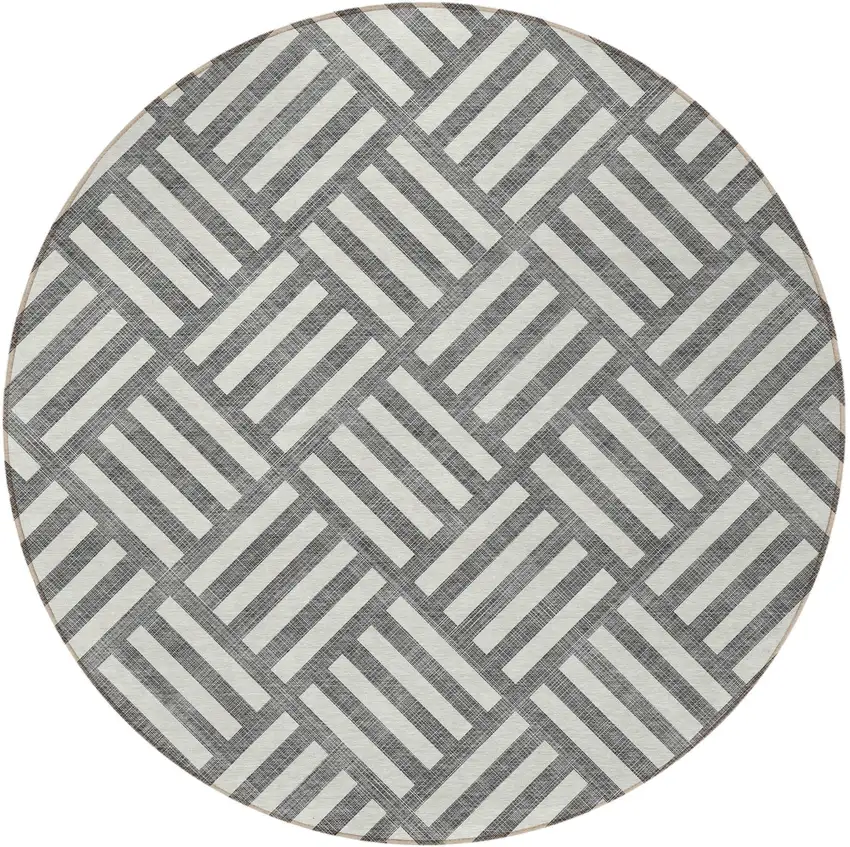 8' Charcoal And Ivory Round Geometric Washable Indoor Outdoor Area Rug Photo 5