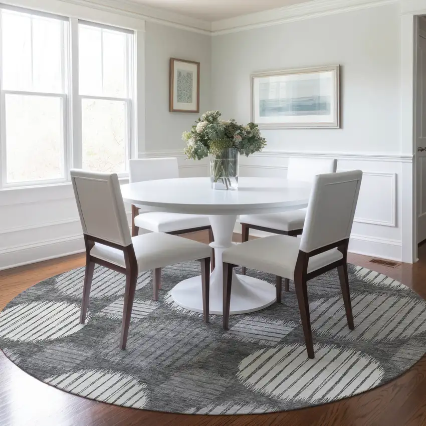 8' Charcoal And Ivory Round Geometric Washable Indoor Outdoor Area Rug Photo 7