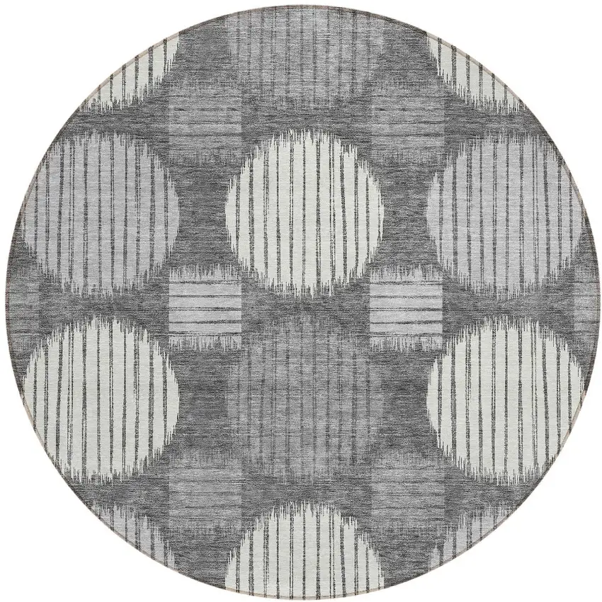 8' Charcoal And Ivory Round Geometric Washable Indoor Outdoor Area Rug Photo 5