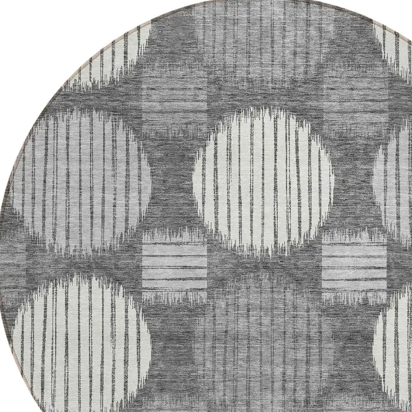 8' Charcoal And Ivory Round Geometric Washable Indoor Outdoor Area Rug Photo 4