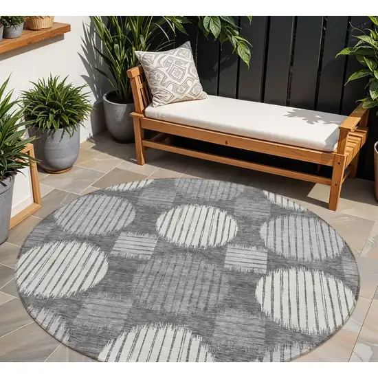 8' Charcoal And Ivory Round Geometric Washable Indoor Outdoor Area Rug Photo 1