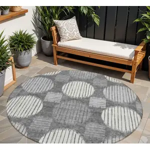 Photo of 8' Charcoal And Ivory Round Geometric Washable Indoor Outdoor Area Rug
