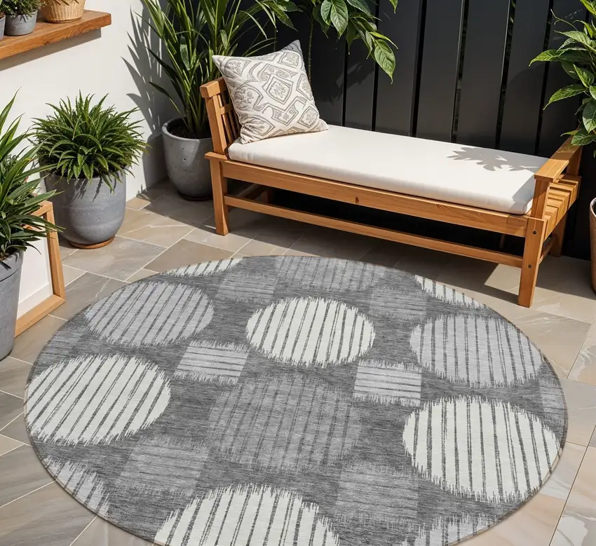 8' Charcoal And Ivory Round Geometric Washable Indoor Outdoor Area Rug Photo 1