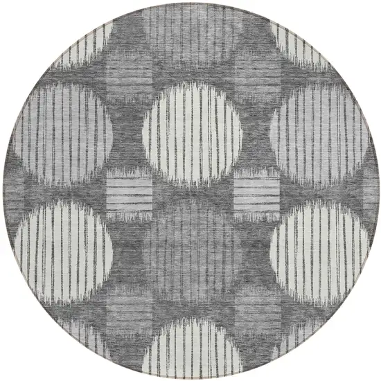 8' Charcoal And Ivory Round Geometric Washable Indoor Outdoor Area Rug Photo 2