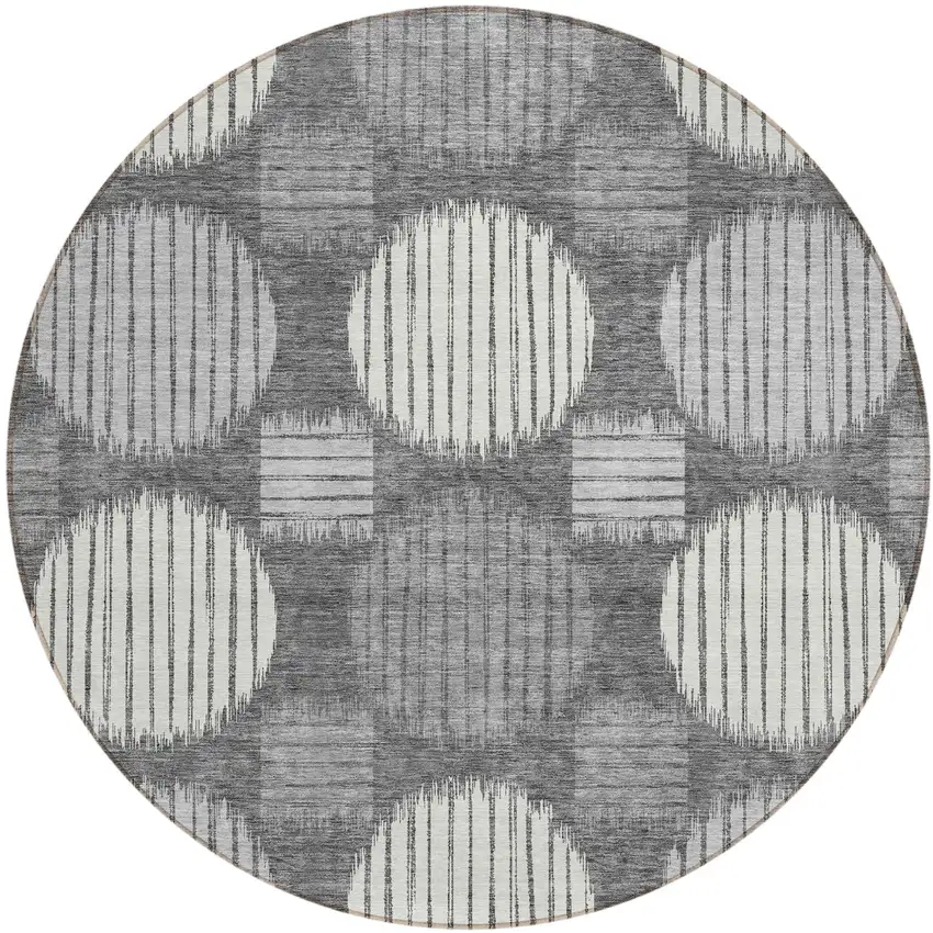 8' Charcoal And Ivory Round Geometric Washable Indoor Outdoor Area Rug Photo 2