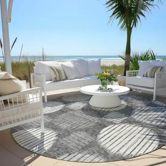 8' Charcoal And Ivory Round Geometric Washable Indoor Outdoor Area Rug Photo 6