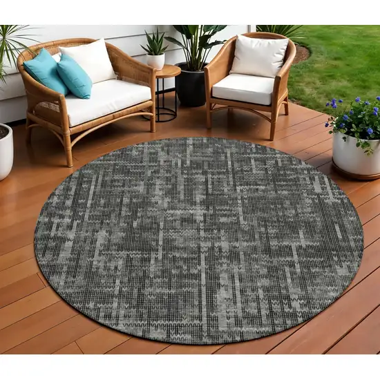 8' Charcoal And Ivory Round Striped Washable Indoor Outdoor Area Rug Photo 2