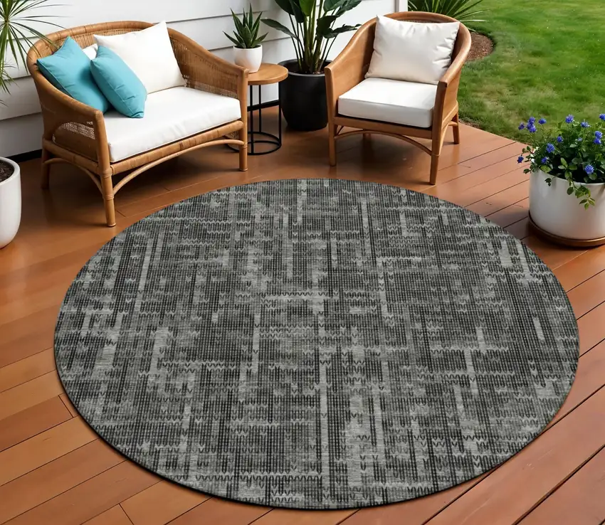 8' Charcoal And Ivory Round Striped Washable Indoor Outdoor Area Rug Photo 2