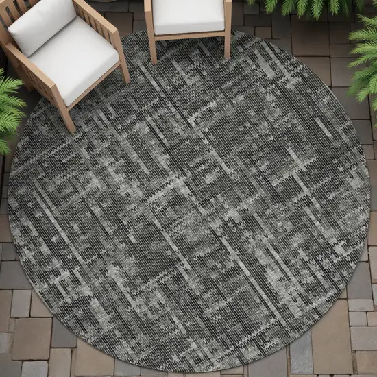 8' Charcoal And Ivory Round Striped Washable Indoor Outdoor Area Rug Photo 5