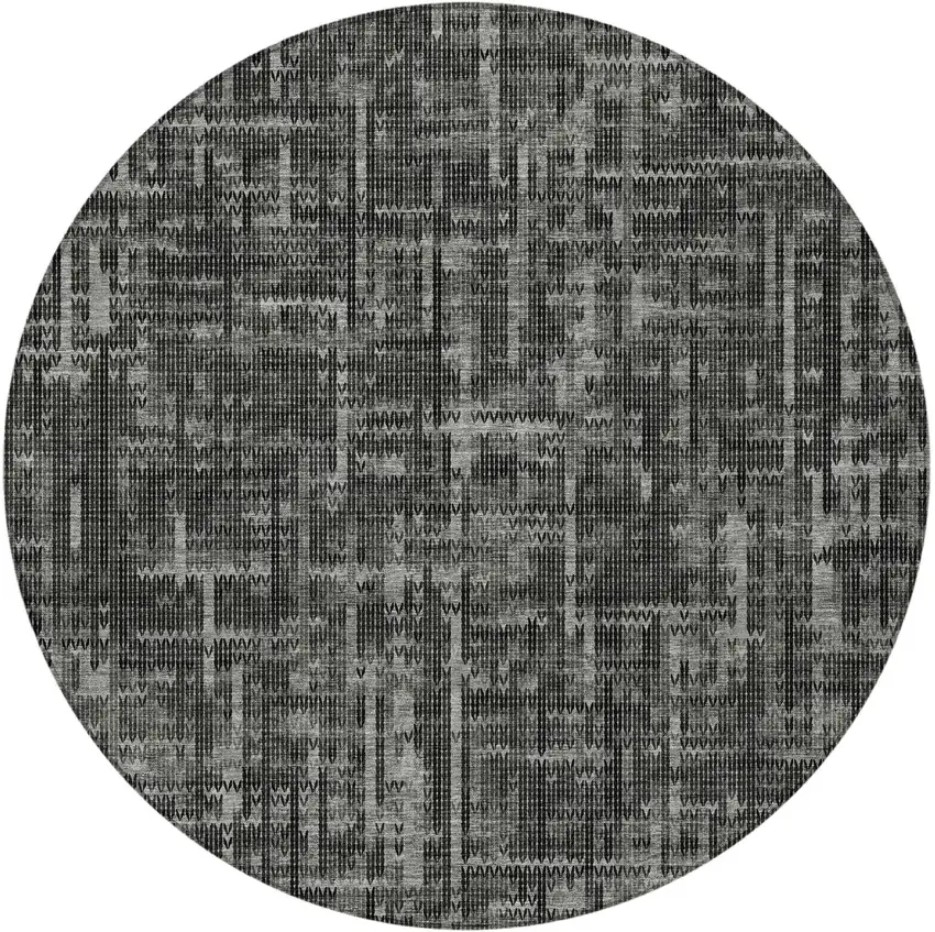 8' Charcoal And Ivory Round Striped Washable Indoor Outdoor Area Rug Photo 4