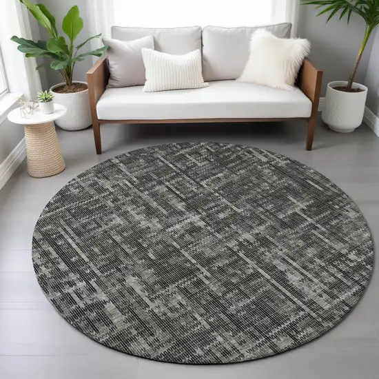 8' Charcoal And Ivory Round Striped Washable Indoor Outdoor Area Rug Photo 6