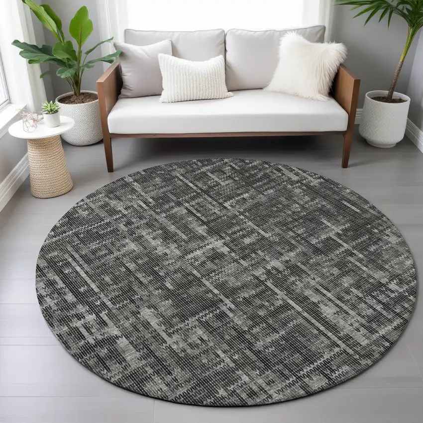 8' Charcoal And Ivory Round Striped Washable Indoor Outdoor Area Rug Photo 6