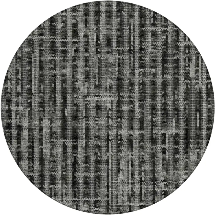 8' Charcoal And Ivory Round Striped Washable Indoor Outdoor Area Rug Photo 1