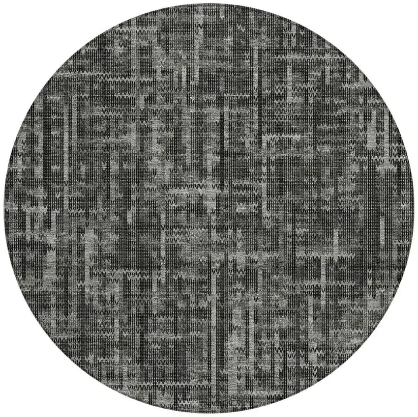 8' Charcoal And Ivory Round Striped Washable Indoor Outdoor Area Rug Photo 3