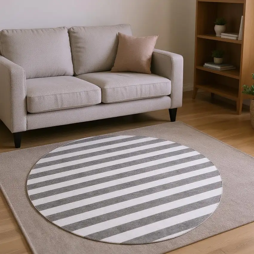 8' Charcoal And Ivory Striped Washable Round Rug With UV Protection Photo 2