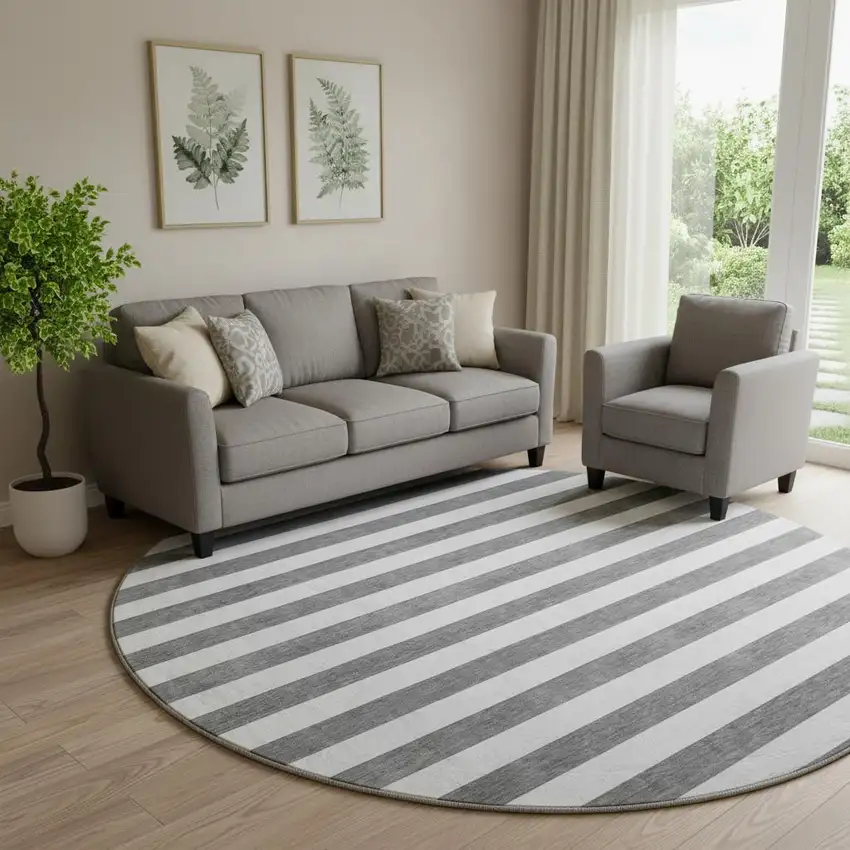 8' Charcoal And Ivory Striped Washable Round Rug With UV Protection Photo 1