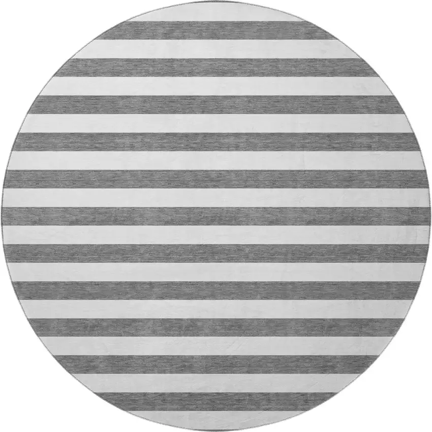 8' Charcoal And Ivory Striped Washable Round Rug With UV Protection Photo 4