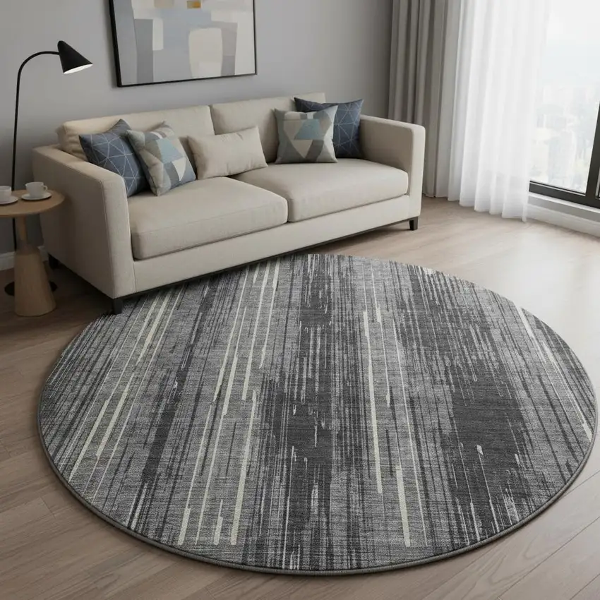 8' Charcoal And Ivory Striped Washable Round Rug With UV Protection Photo 2