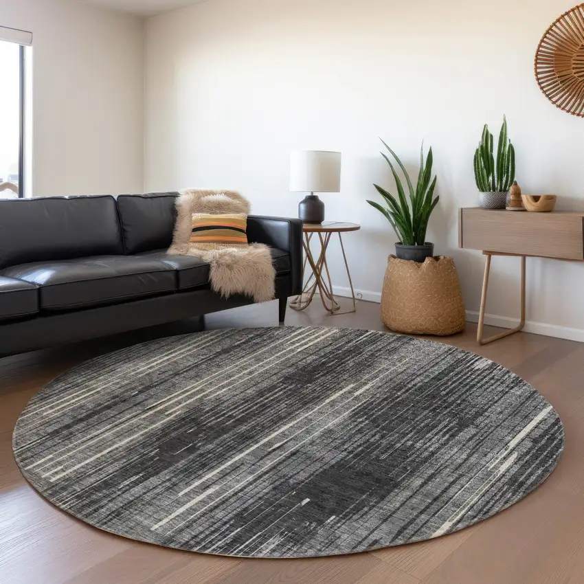 8' Charcoal And Ivory Striped Washable Round Rug With UV Protection Photo 5